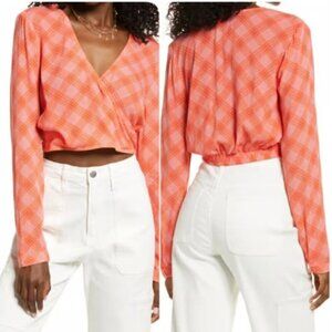 NWT BP by Nordstrom Long Sleeve Orange Plaid Crop Top - Size: Medium
